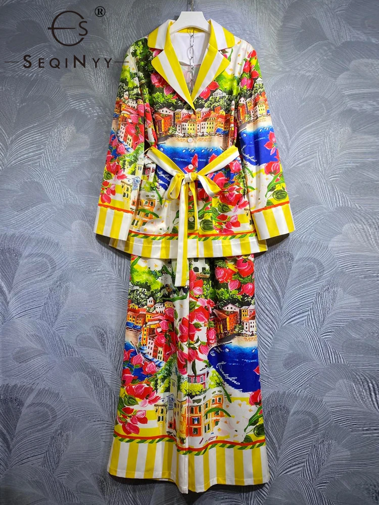 

SEQINYY Yellow Casual Suit Spring Autumn New Fashion Design Women Runway Blouse + Long Pants Vintage Sicily Flower Print Loose
