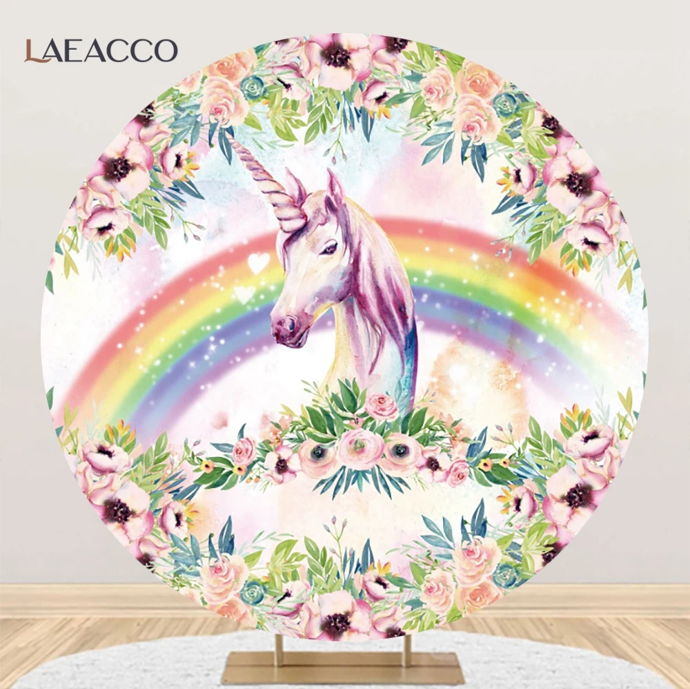 Laeacco-cartoon Unicorn Round Backdrops Suporte Fotográfico Fundo Circular Arco-íris Flores Baby Shower Decoração para Festas de Aniversário - Image 5
