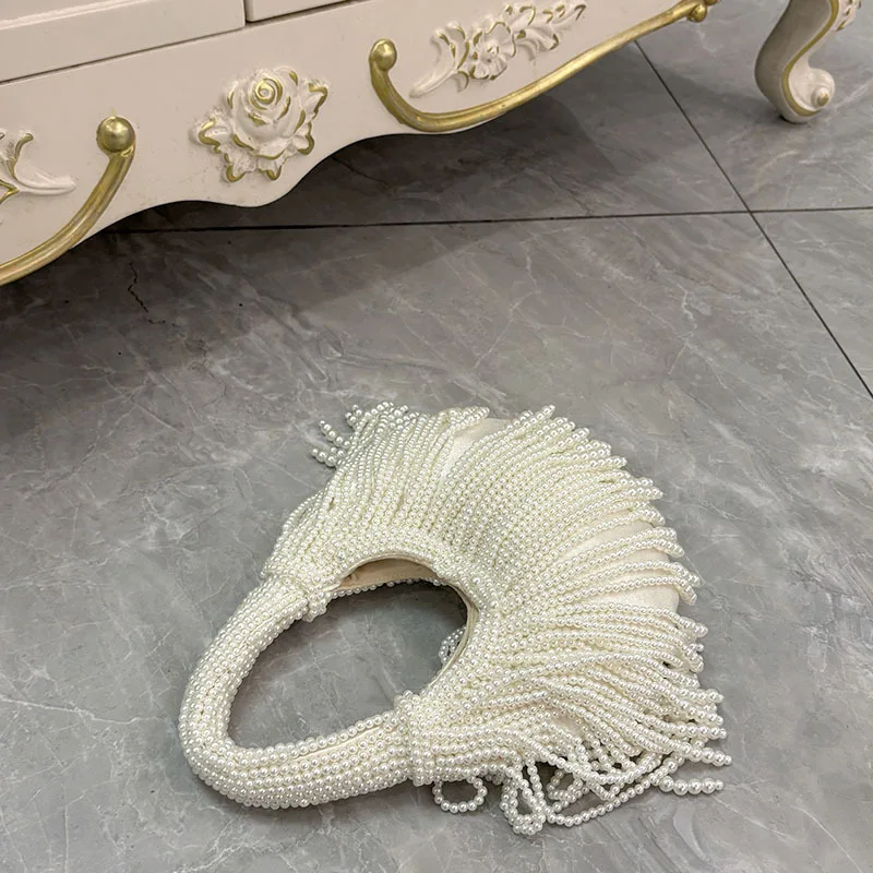 Luxury Pearl Beaded Handbag Fashionable Long Tassel Design Women's Handmade Evening Bag Unique Chain Crossbody Bucket Bag Female