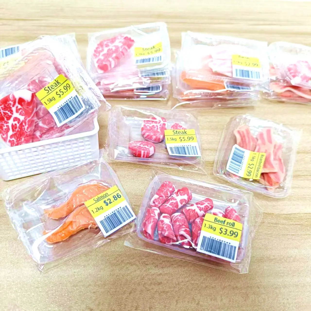 New Miniature Supermarket food simulation beefsteak salmon Bacon  beef roll for Doll House Mini Kitchen Clay food Accessories 5