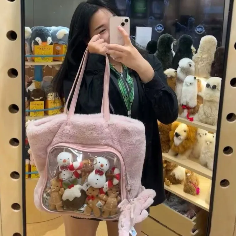 JIAERDI Japanese Transparent Pink Ita Bag Purse Women Harajuku Aesthetic Plush Handbag Female Large Capacity Tote Bag 2025 New