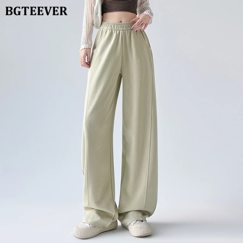 

BGTEEVER Chic Spring Summer Elastic High Waist Straight Trousers for Women High Waist Loose Pockets Female Wide Leg Pants