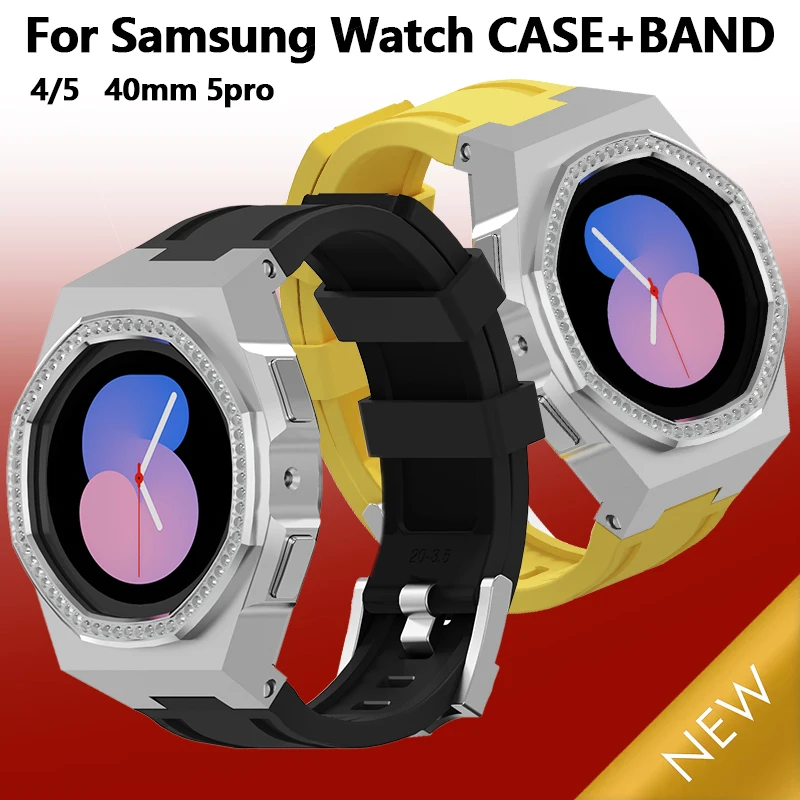

For Samsung Watch 4/5/6 40mm Luxury Metal With Diamond Case Modification Kit DIY Mod Kits Stainless Case and Silicone Strap