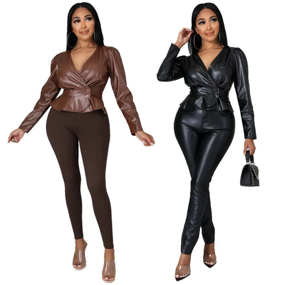 

Autumn and Winter Women's Flocked Leather Long Sleeved V-neck Button Fashion PU Leather Jacket