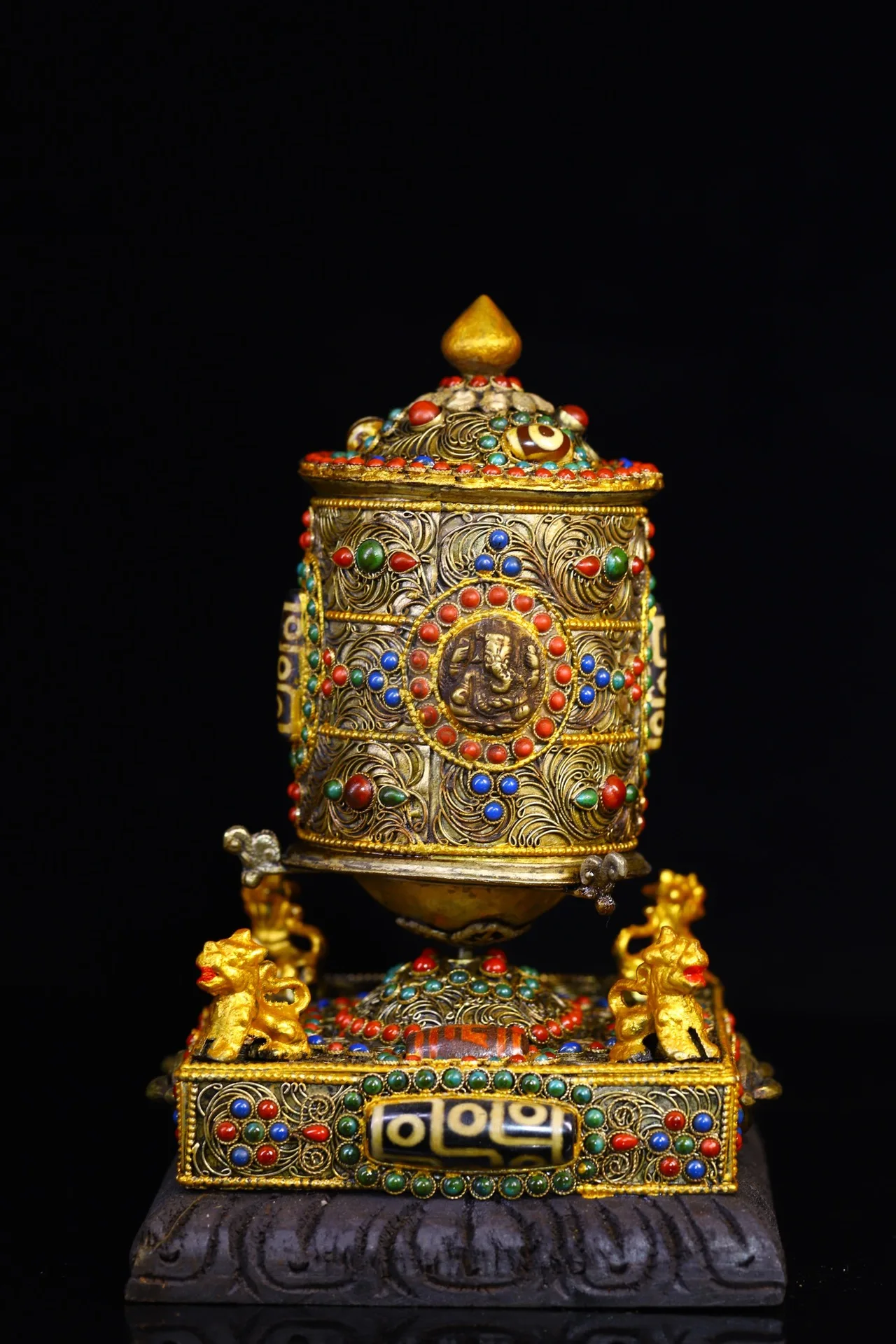 

8"Tibetan Temple Collection Old Tibetan Silver Filigree Mosaic Gem gZi Bead Prayer Wheel Old Scriptures Worship Hall Town House