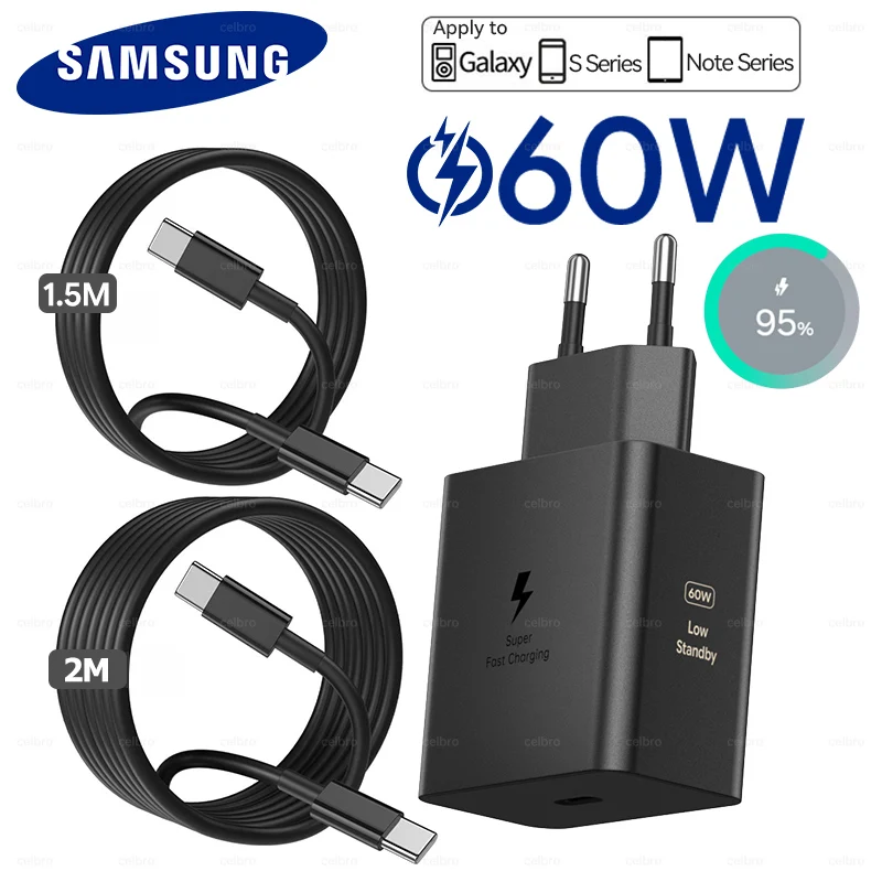 60W Samsung Original Fast Charger USB C Plug with USB C Cable Samsung S26 S25 S24 S23 S22 S21 Ultra Plus A57 A56 A36 A54 Adaptor