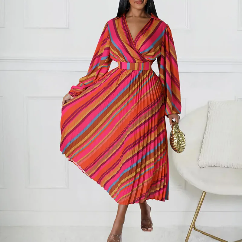 

Vintage Long Sleeved High Waist Dress Spring Office Lady V-neck Pleated Long Dress Casual Pattern Printed Slim Women Party Dress