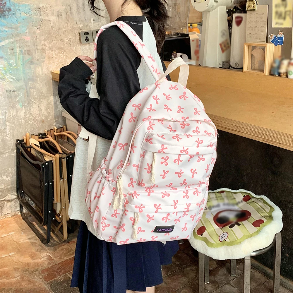 Girls Bow Print School Bookbag Teen Bowknot Daypack Travel Large Capacity Backpack Preppy Rucksack College Student Laptop Bag