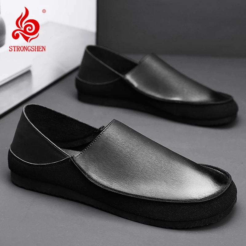 

STRONGSHEN Men Casual Leather Loafers Shoes Spring Flat Slip-on Men Driving Shoes Fashion Male Handmade Moccasins Footwear
