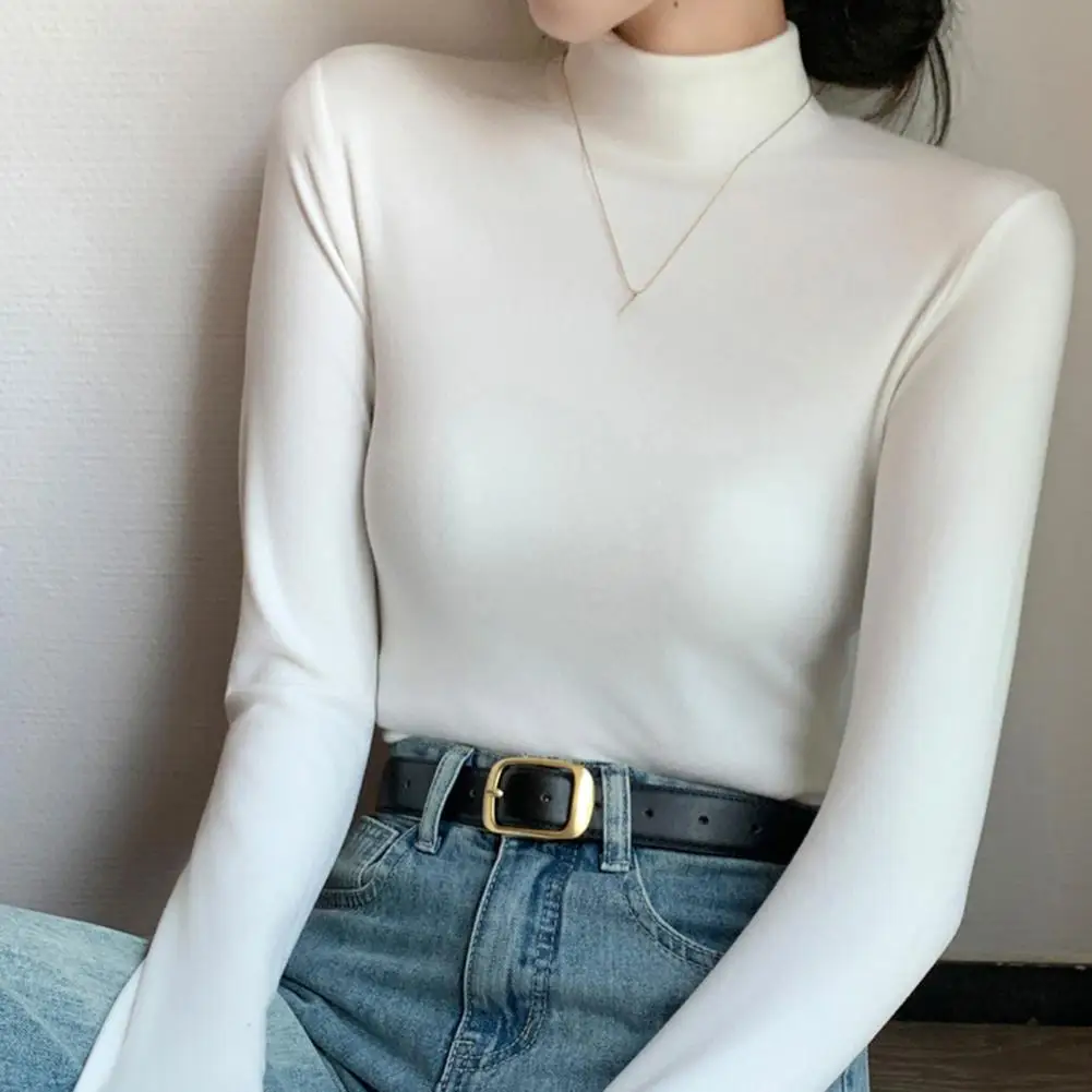 

Women Autumn Top Cozy Double-sided Velvet Half-high Collar Women's Pullover Blouse for Fall Winter Soft Elastic Slim Fit Long