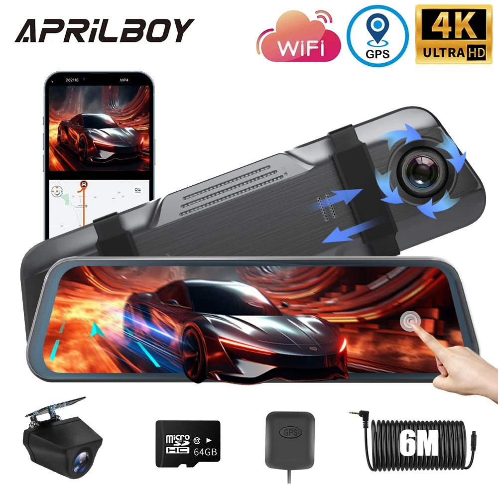 Aprilboy 3 Channel Mirror Dash Camera For Cars, 10" Triple Rear View