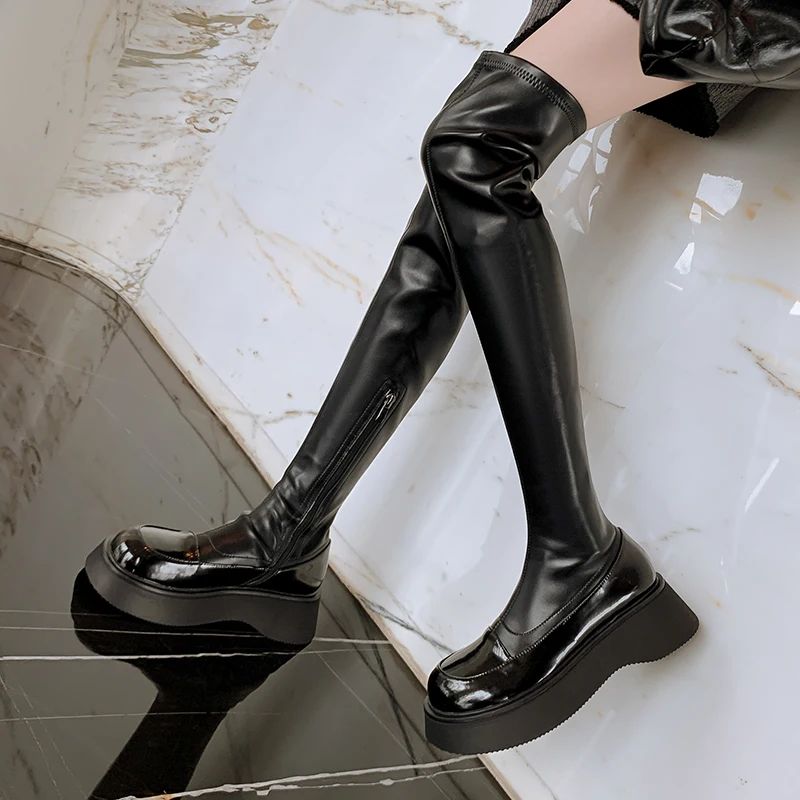 

Punk Style Fashion Flat Platforms Women Over The Knee High Boots Autumn Winter Genuine Leather Shoes Woman Slim Long Boots