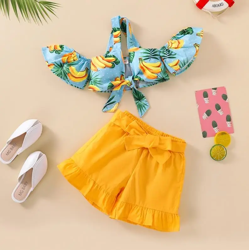 Summer Kid Girl Casual Short Pants Outfits Short Sleeve Pattern Printed Tie Knot Decor Tops Ruffles Decor Shorts Set