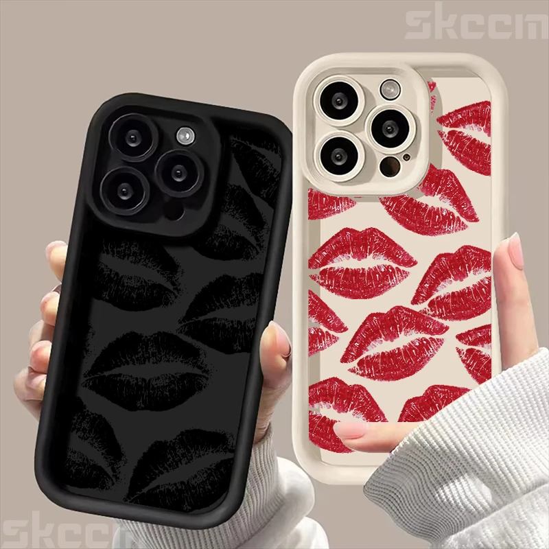 Elegant Black and Red Kiss Print Soft Silicone Phone Case Cover