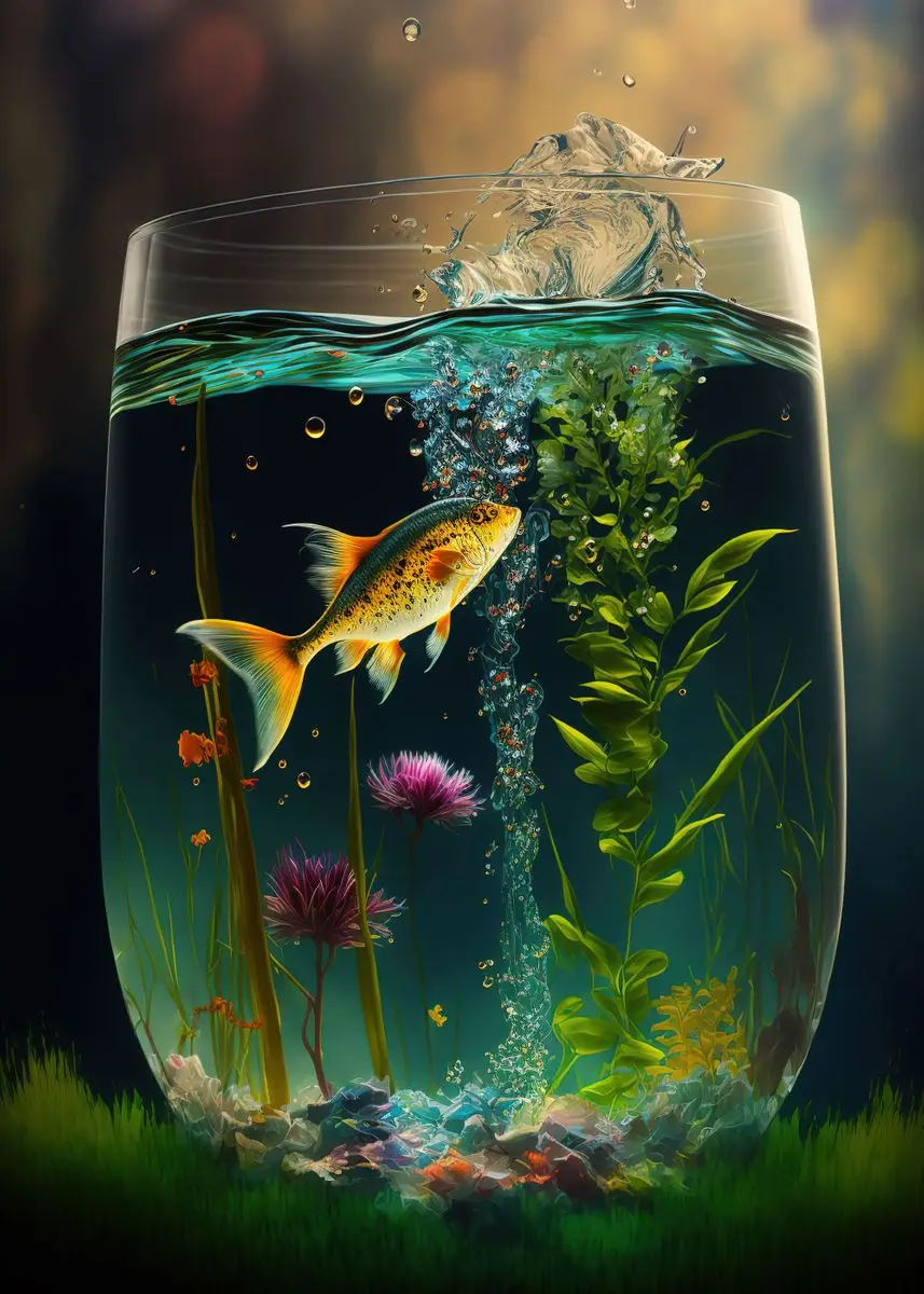 thumbnail image 1 of Póster de arte de fantasía con diseño de acuario dentro de una taza, impresión en lienzo, decoración de pared con peces de acuario, decoración estética para el hogar y la barra, 1 of 5