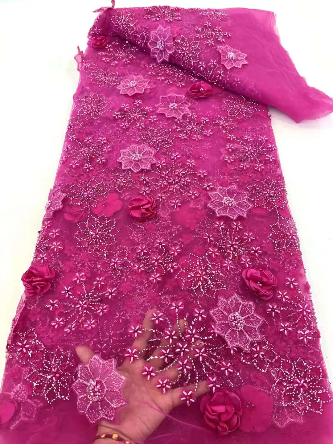 

Африканская кружевная ткань 2024, высокое качество, французский 3D цветок, блестки, вышивка, элегантные бусины, тюль, кружевная ткань для стандартного платья XC