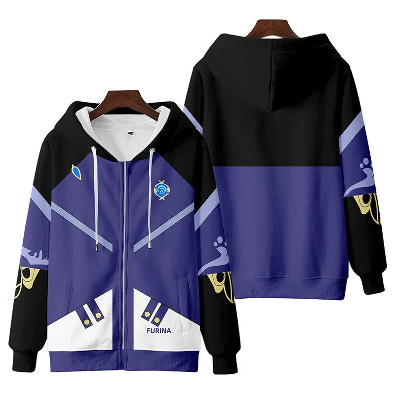 

Толстовка с капюшоном на молнии для мужчин и женщин, кофта с 3D принтом аниме Genshin Impact Furina, уличная одежда в стиле хип-хоп, фокалоры, куртка с капюшоном на молнии для косплея