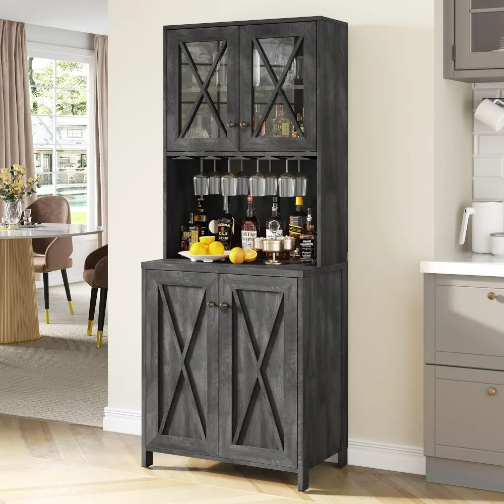 

Farmhouse Bar Cabinet for Liquor and Glasses, Dining Room Kitchen Cabinet with Wine Rack, Upper Glass Cabinet, Open Storage