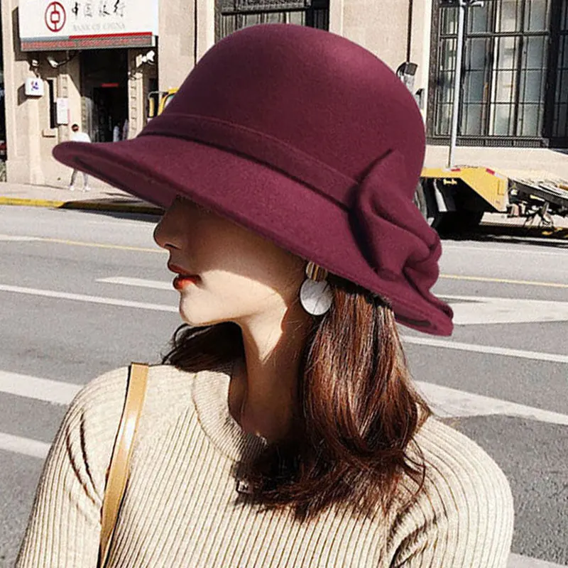

Women Bow-knot Hat Korean Woolen Felt Fedoras Ladies Vintage Elegant Bucket Cap Warm Autumn Spring Panama Hat Bowknot Girls