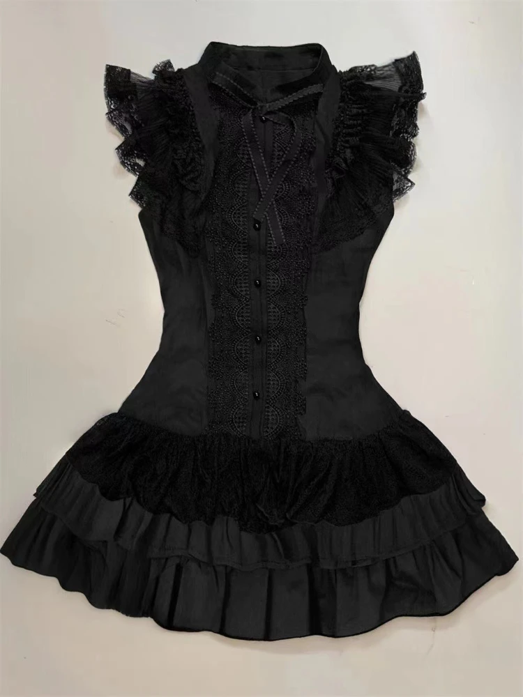 일본 E-girl 고딕 빈티지 드레스 여성 하프 하이 넥 짧은 소매 보우 레이스 미니 드레스 신치 허리 달콤한 매운 블랙 드레스 - AliExpress