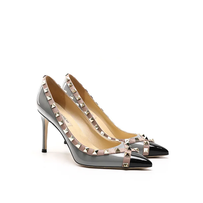 2025Fashion Rivets High Thin Heels Color Block Pumps Women Stiletto-heel Dress Wedding Shoes Sexy Pointed Toe Ladies Party Shoes 4