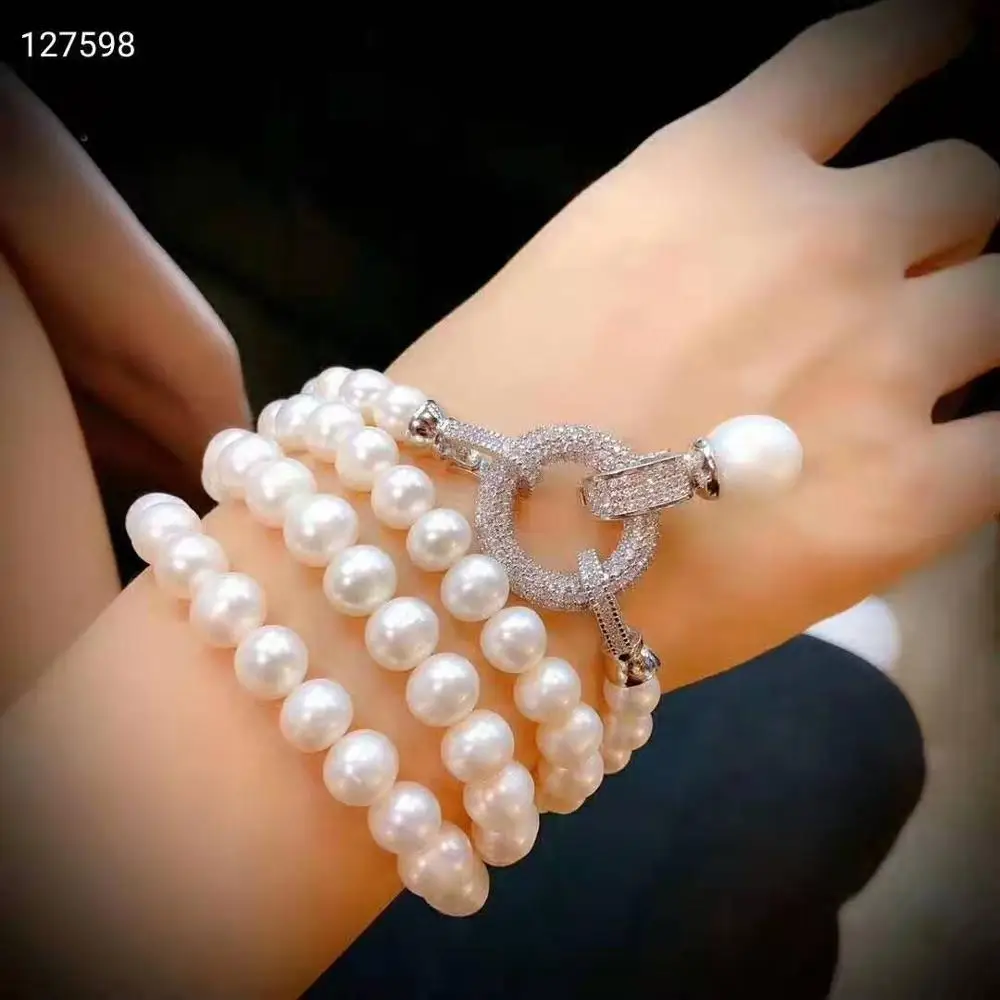 Women's jewelry 8-9mm 75cm micro inlaid zircon round accessories white freshwater pearl necklace