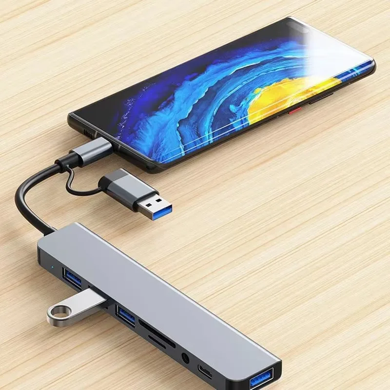 USB Hub Adapter USB C Hub USB Splitter 8 in 2 Extender 4 Port 1 USBC Port TF/SD Card Reader Audio Output for MacBook