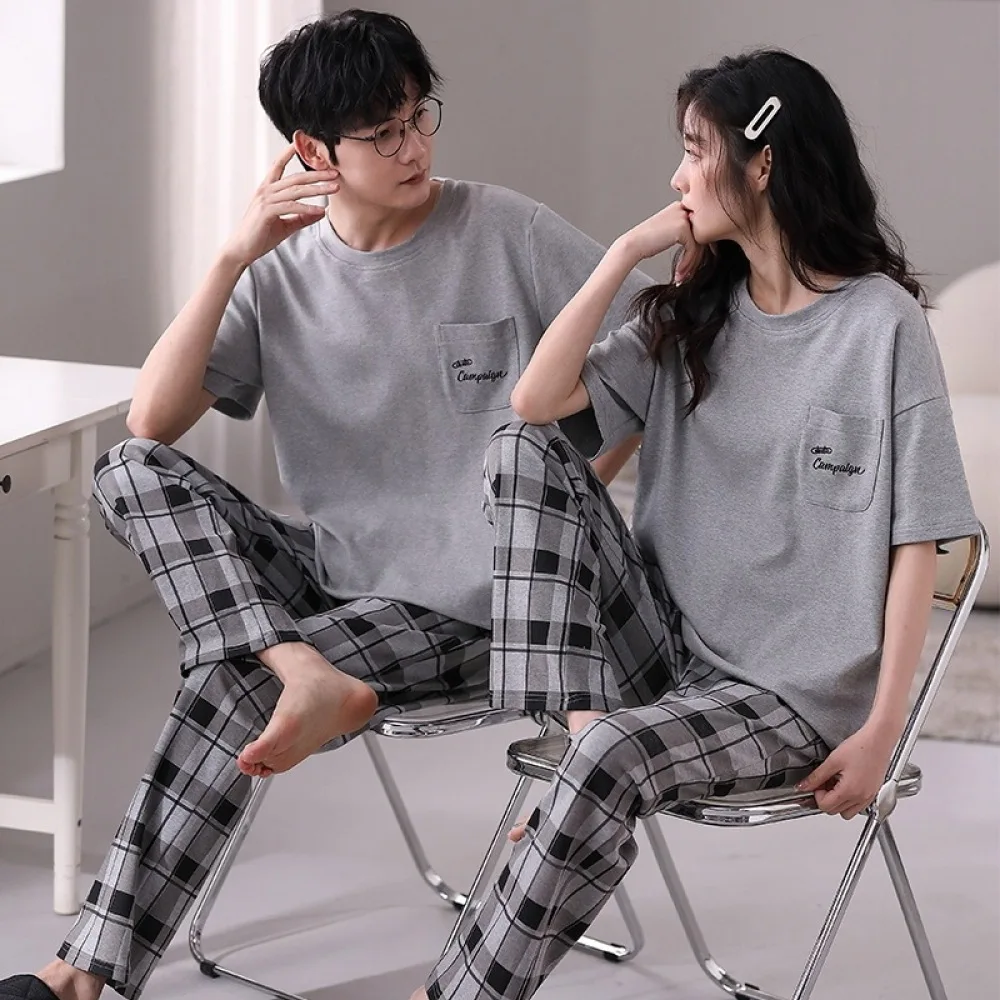 Couple Pajama Set Sleepwear Knitted Cotton Pyjamas Loungewear Cartoon Homewear Lover Pijamas Short Sleeved Men and Women Casual