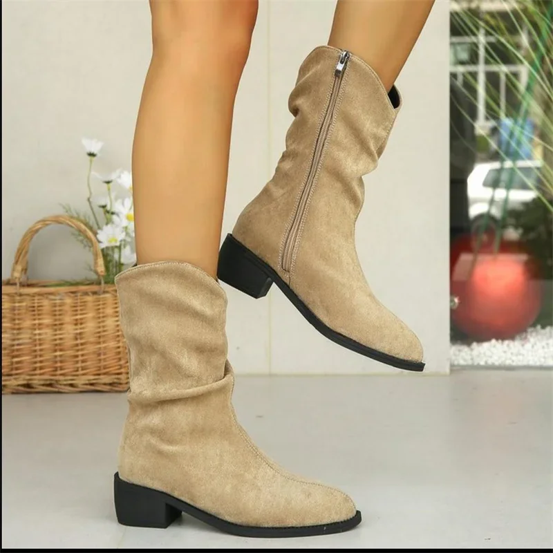 French Vintage Western Cowboy Boots Women's Large Stacked Boots Frosted Mid Barrel Short Boots Women