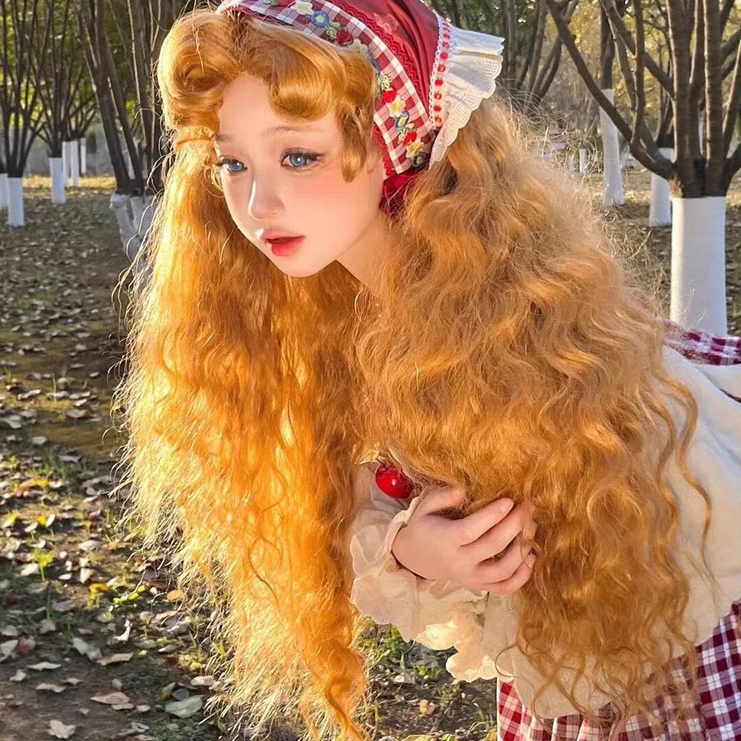 Princess Diary Wig for Women Gold Brown French Fluffy Wool Rolls Lolita Retro High Temperature Fibers Synthetic Hair Wig Cosplay