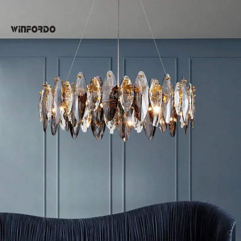 

2023 Modern Grey Clear Crystal Chandelier Light Luxury LED Lamp Fixture For Living Dining Room Winfordo Lighting IN STOCK