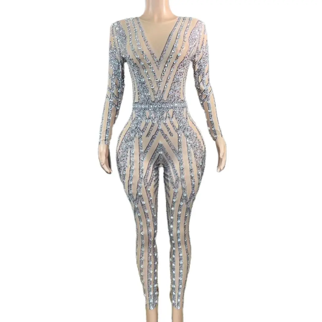 

Shining Diamond Women Jumpsuit Fashion Party Ball Rhinestone Bodysuits Bodycon Steel Pipe Dance Performance Clothing Stage Wear