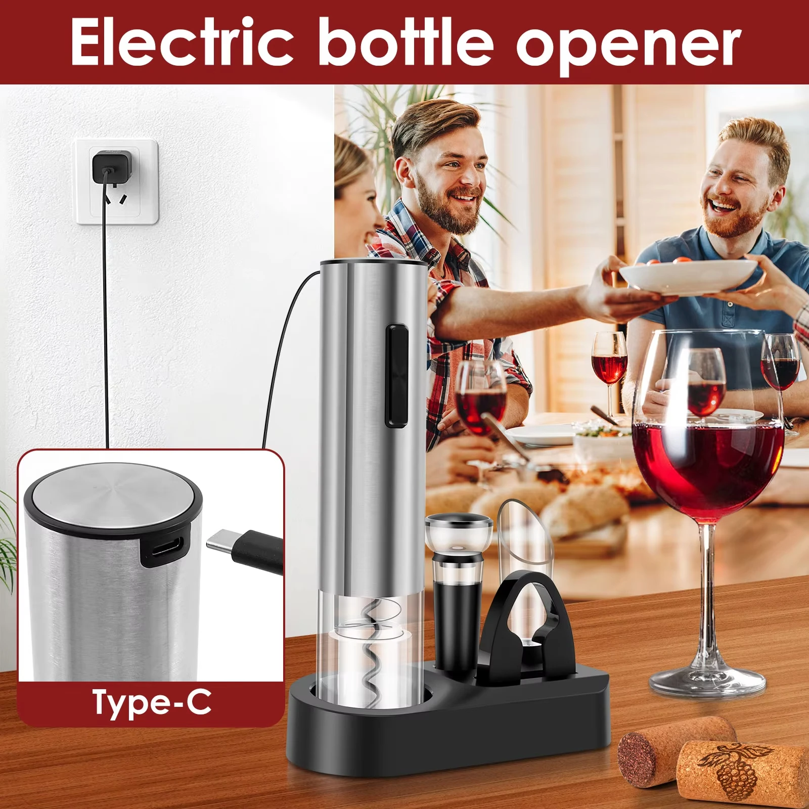 Automatic Electric Wine Openers Rechargeable Corkscrew Take Out Corks Opener with Wine Stopper Pourer Foil Cutter Bottle Openers