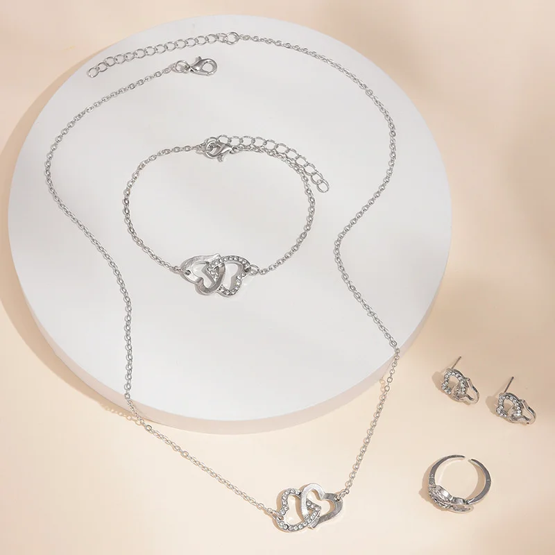 5PCS/Set Heart Shaped Jewelry Sets Of Ring Earrings Necklace For Women Elegance Rhinestone Double Heart Jewelry jewelry sets jewelry set