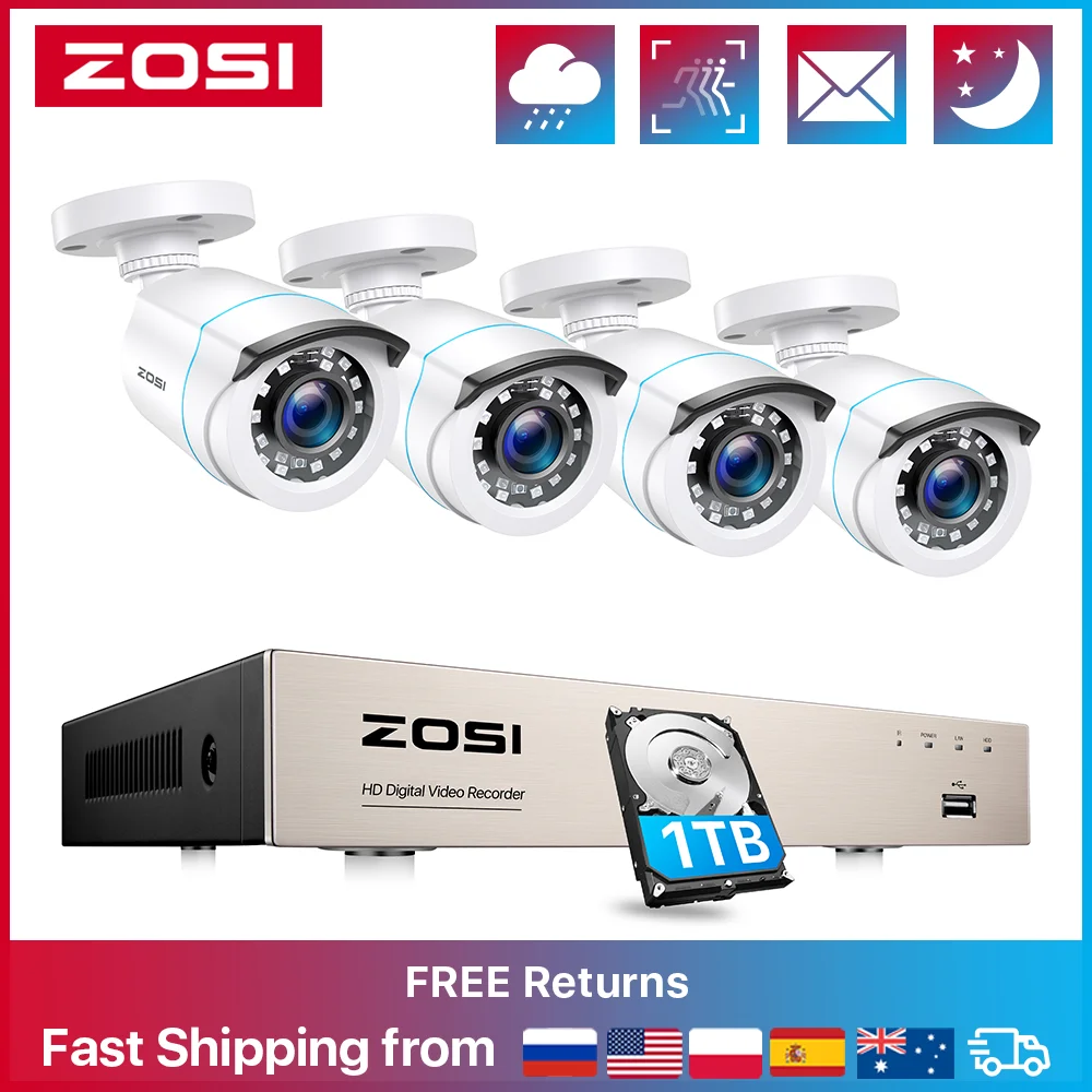 ZOSI 8CH Wired CCTV System H.265+ 5MP Lite HD-TVI DVR kit 1080p 2MP Home Security Outdoor Night Vision Video Surveillance Security Camera, Smart Outdoor Camera