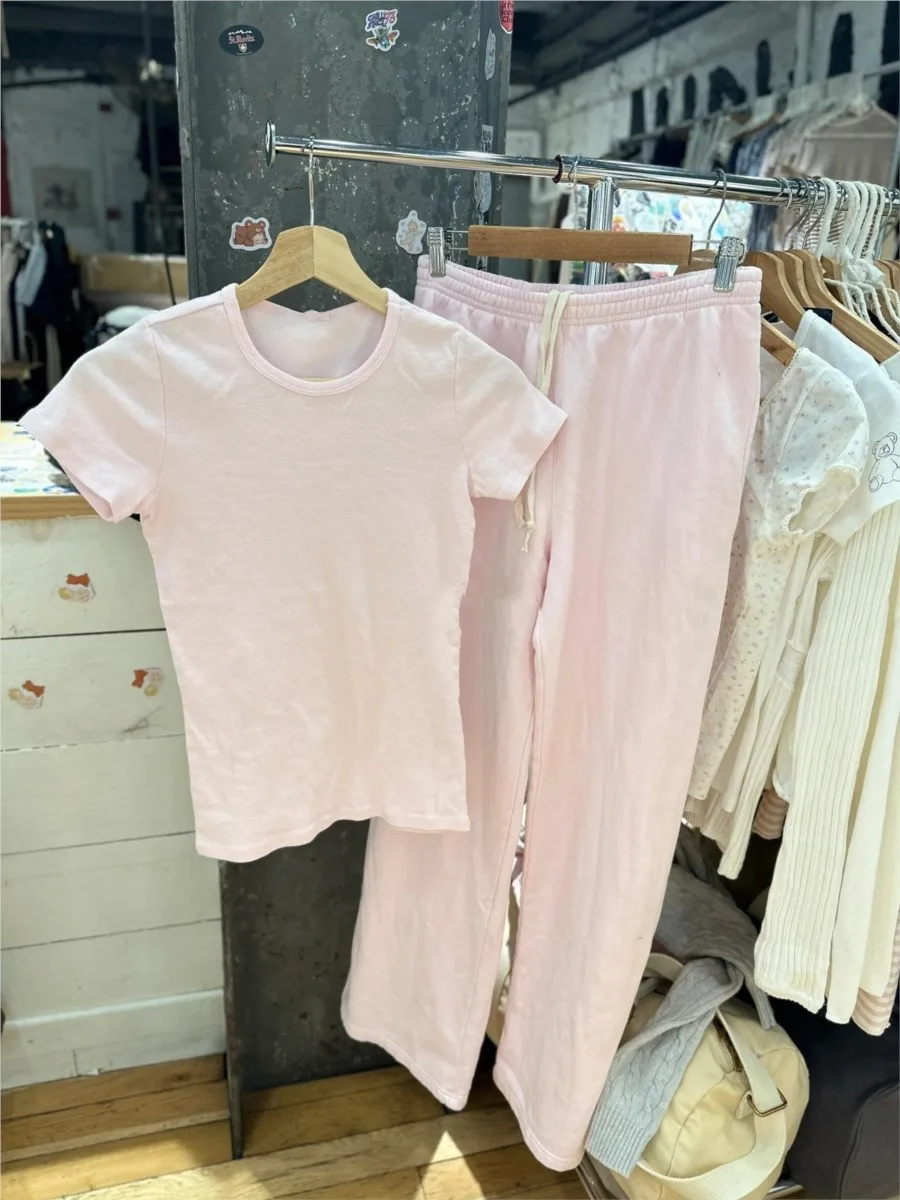 Sweet Pink Basic T-shirt Pant Sets Women New Casual O-neck Short Sleeve Tee+Straight Sweatpant Cute Preppy Style 2 Piece Set Y2K 2