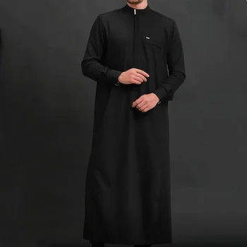 High end Moroccan style men's robe, retro luxurious solid color robe, standing collar long sleeved Muslim Eid al Fitr men's robe
