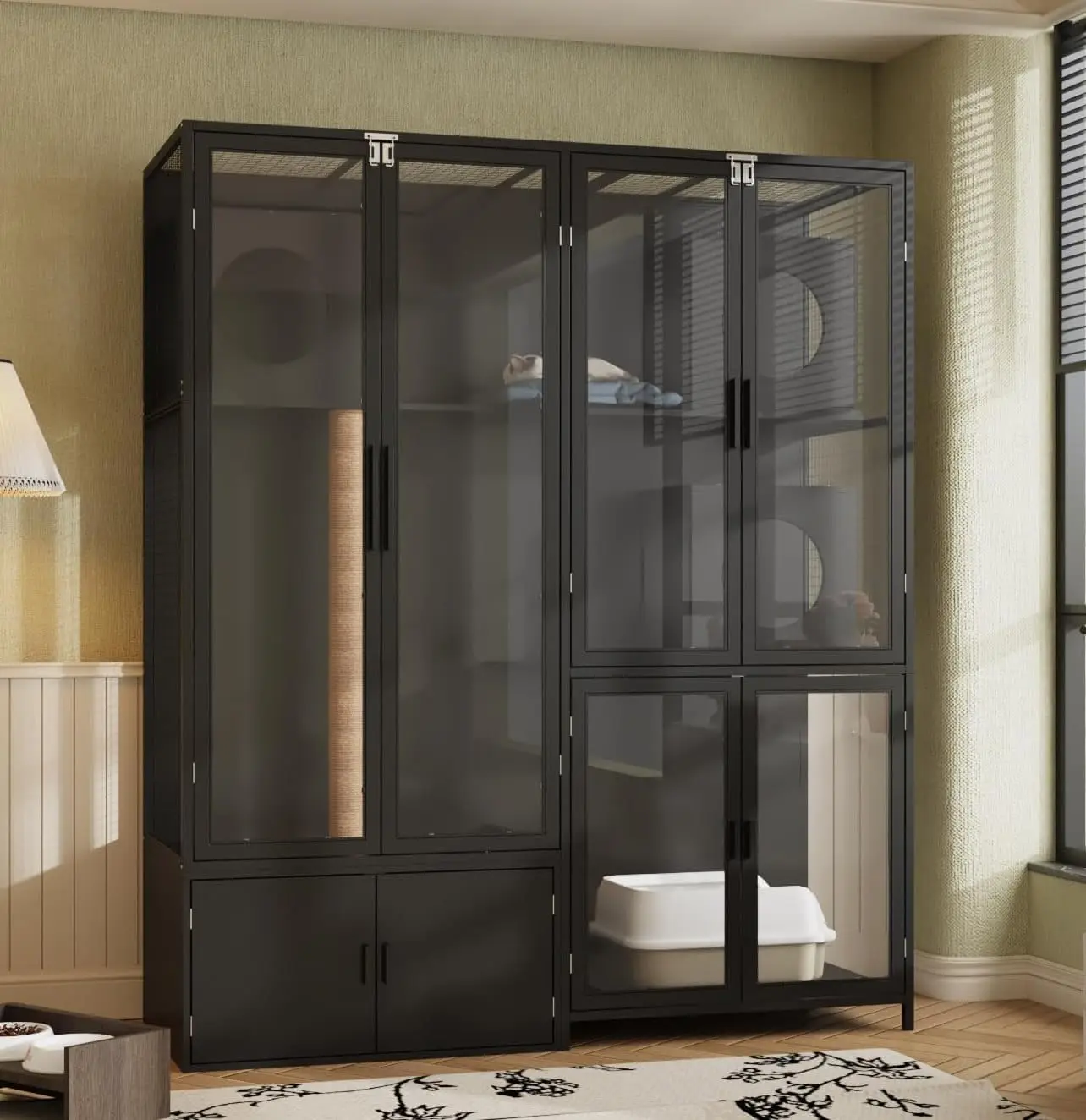 63" Cat Litter Box Enclosure, 3 Rooms, Acrylic Doors and Scratching Post, Extra Large Hidden Decorative Litterbox Cabinet Cages