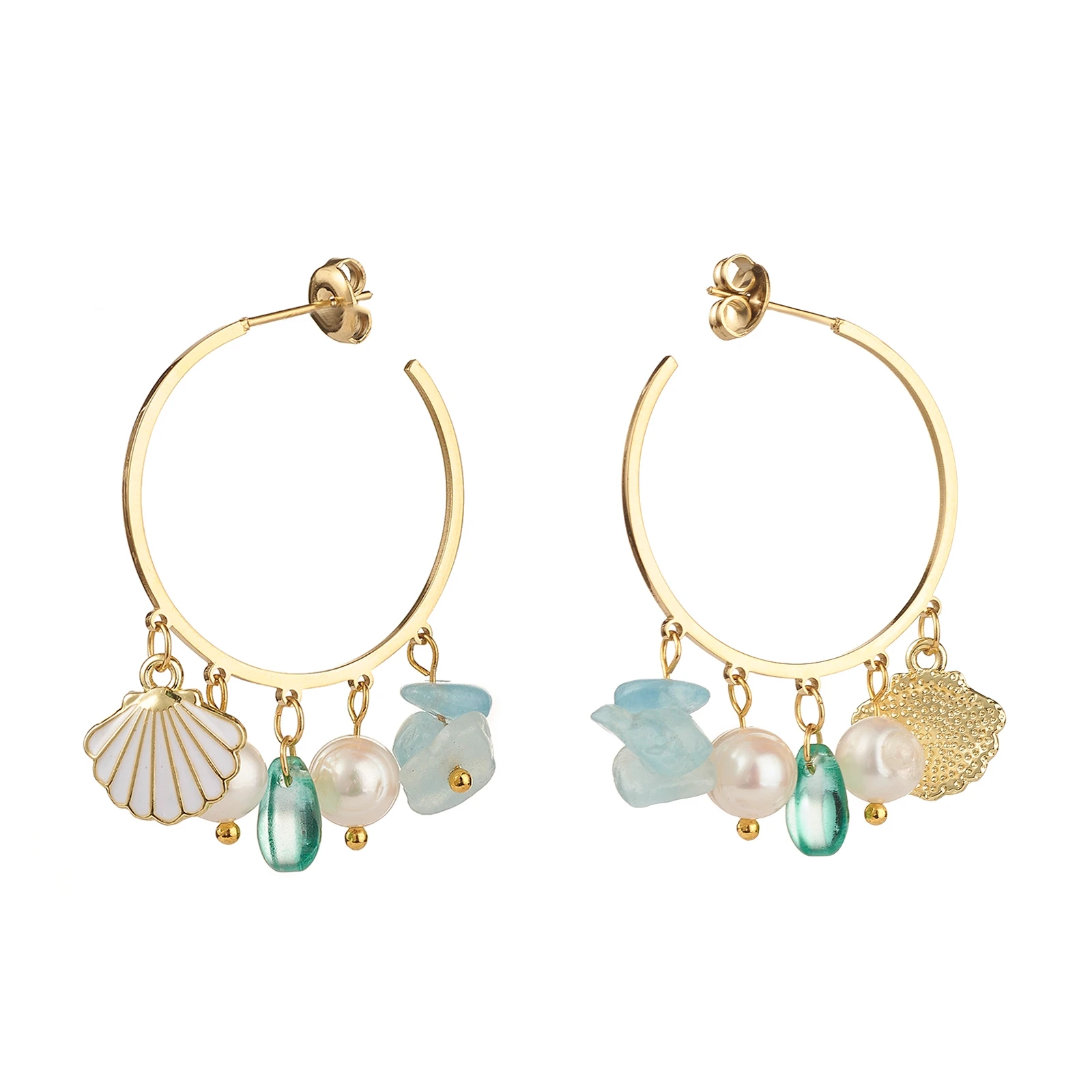 Kissitty 5 Pairs Shell Shape Charm Beads Dangle Half Hoop Earrings For Women Drop Open Hoop Earrings Trendy Jewelry Finding Gift