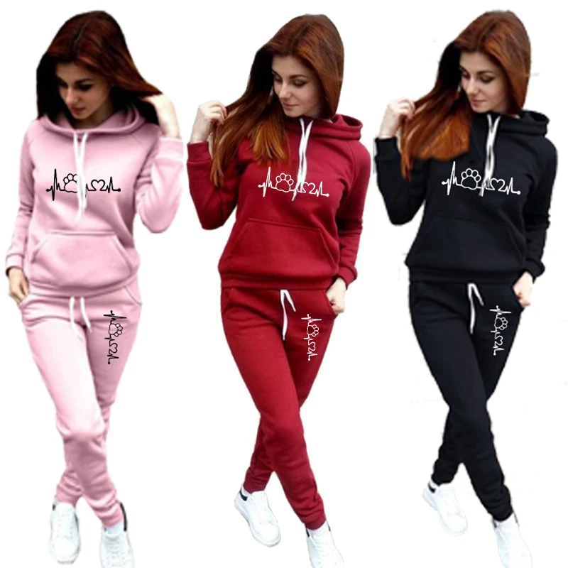 Hot Autumn Winter Womens Hoodie + Sweatpants 2-piece Sweat Suits Tracksuits Hooded Jogging Cat Scratch Print Sports Suits autumn and winter women s jogging sportswear fashion set high collar hoodie set trend sportswear hoodie 2 sports pants