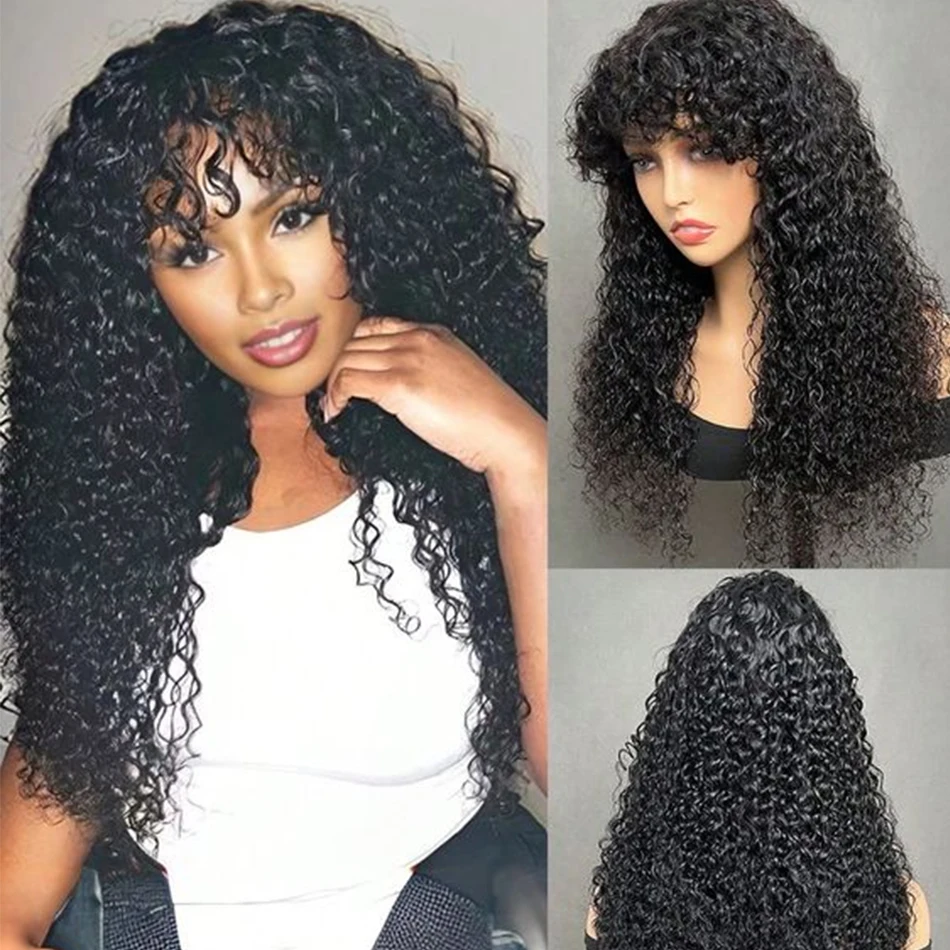 Water Wave Human Hair Wigs With Bangs For Women Full Machine Made