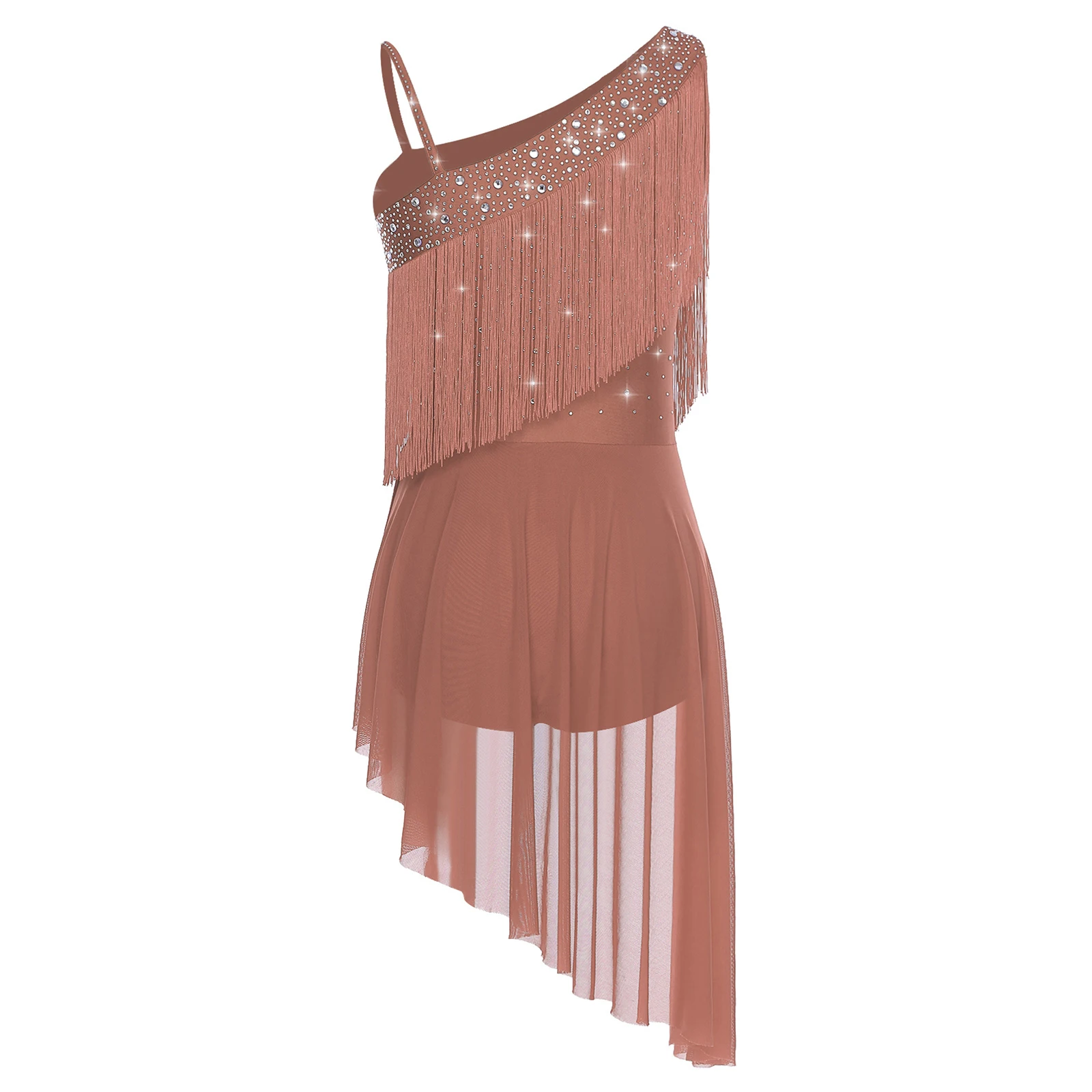 Damen Latin Tango Quaste Tanz Performance Kostüm Glitzer Strass Gymnastik Eiskunstlauf Ballett Trikot Kleid Tanzbekleidung – Detail 10