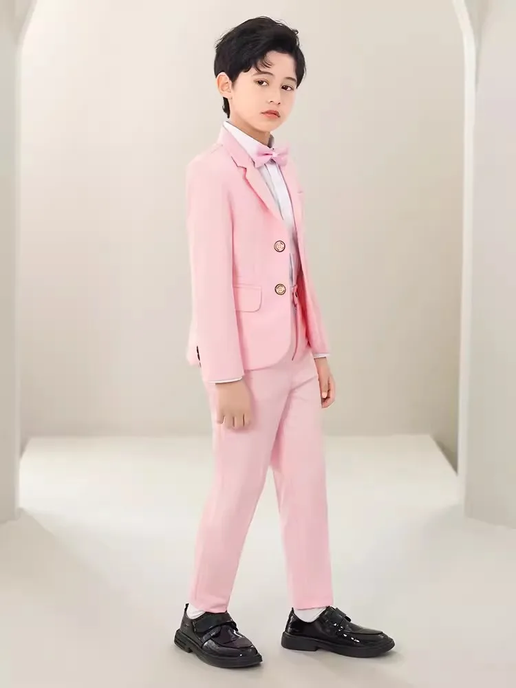 

Kids Pink Suit For Wedding Teenager Boys Jacket Vest Pants 3PCS Tuxedo Stage Dress Children Photograph Party Performance Costume