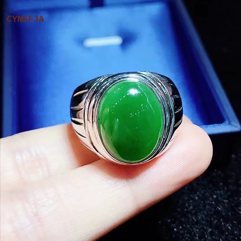 

CYNSFJA New Real Certified Natural Hetian Jasper Nephrite Men's Lucky Green Jade Rings 925 Silver Size Adjustable High Quality