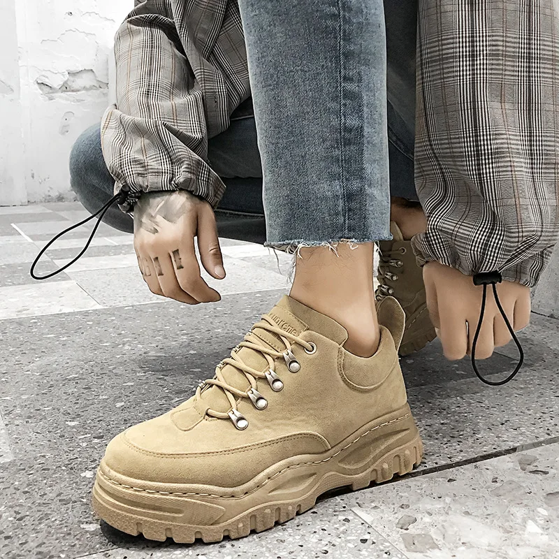 Frosted Leather New Men's Shoes Thick-soled Comfortable Student Sports Shoes Lace-up Sneakers Fashion Short Boots Luxury Shoes 2