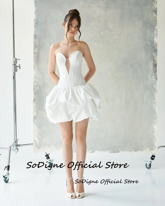 SoDigne A-line Satin Wedding Dress Sleeveless Sweetheart Bride Dresses Beach Ruched Mini Women Bridal Gowns Customized 14