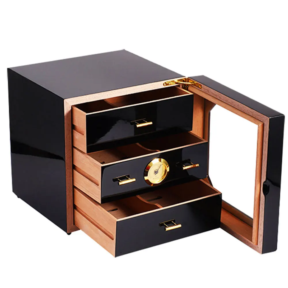 Luxury Cigar Cabinet Humidor Humidor Cedar Wood Lined 3 Layer Drawers Tempered Glass Door