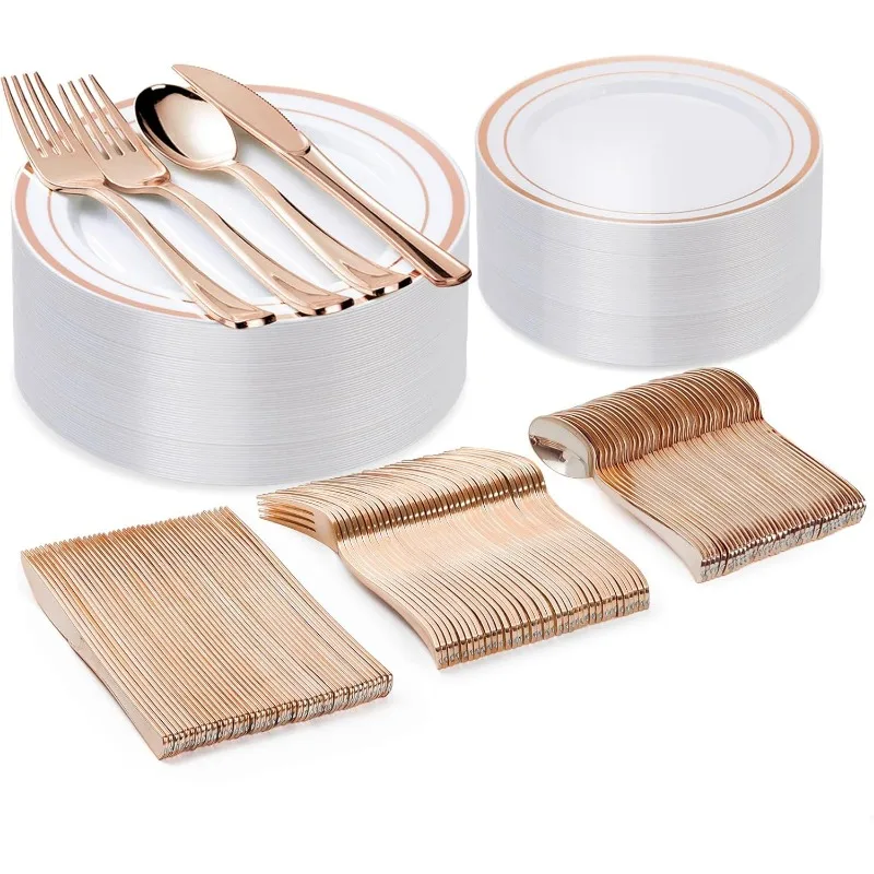 600PCS Plastic Plate Set (100 Guests ) Disposable Dinnerware Set of 200 Plastic Plates, 200 Forks, 100 Spoons, 100 Knives