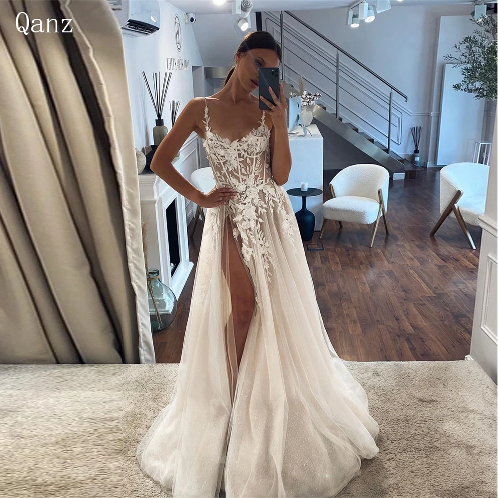 

Qanz Spaghetti Straps Beach Tulle Wedding Dress Sexy V-neck Side Split Appliques Bride Gowns Vestido De Novia Dresses for women