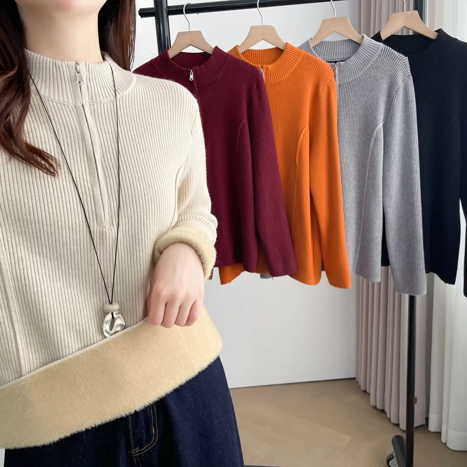 XXXXL Fashion Plus Size Woman Clothing Sweaters New Winter Style Elegant Fleece Mock Neck Knitted Inner Jersey 2074